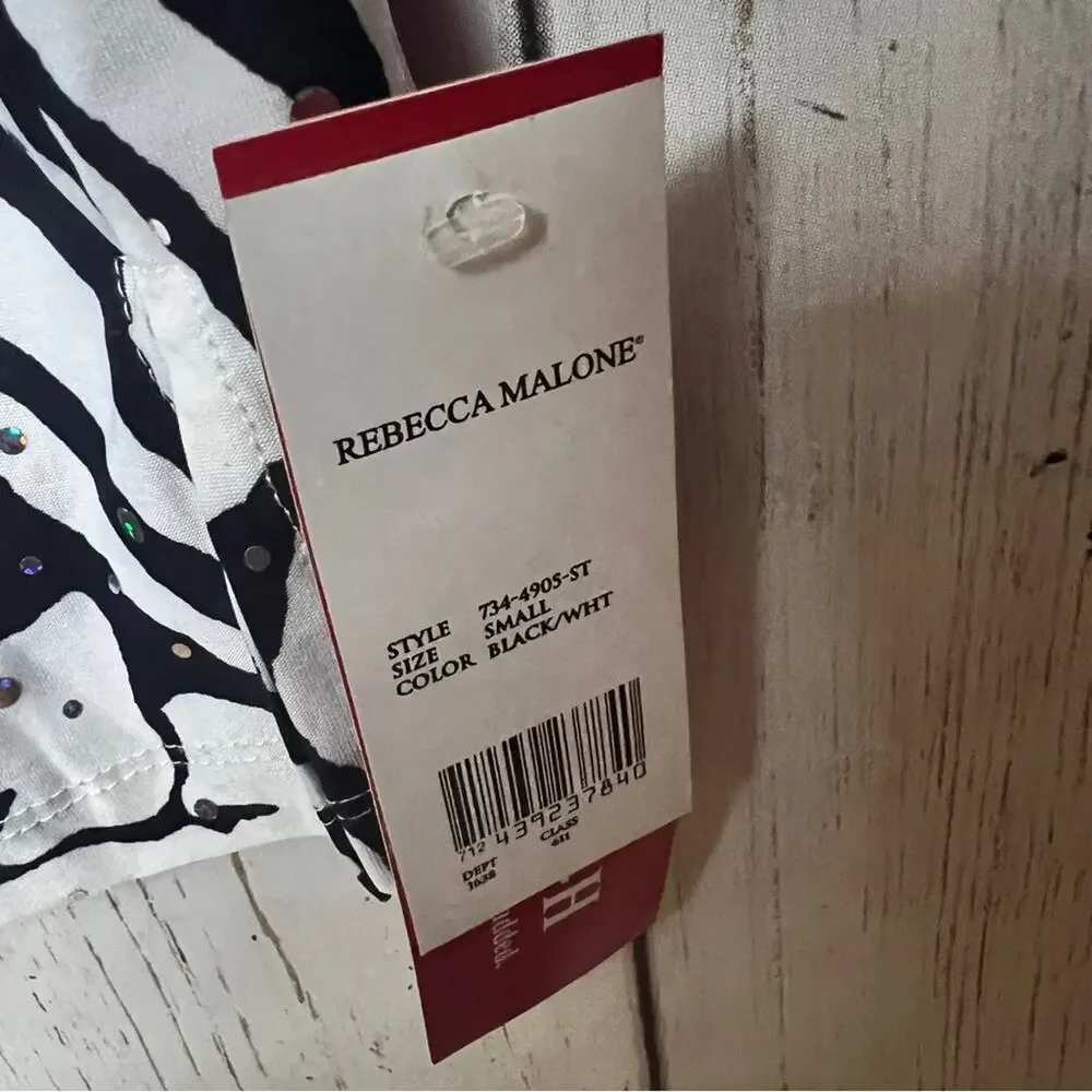 Rebecca Malone Women’s Black and White Shimmer Stretch 3/4 Sleeve Print Blouse